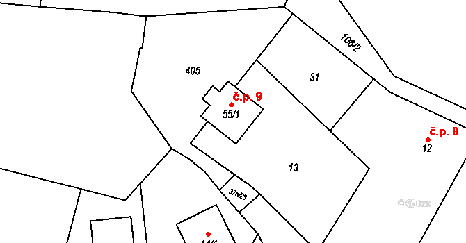 Kolomuty 9 na parcele st. 55/1 v KÚ Kolomuty, Katastrální mapa
