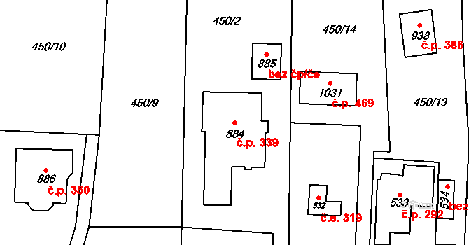 Ohrobec 339 na parcele st. 884 v KÚ Ohrobec, Katastrální mapa