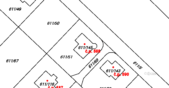 Srubec 588 na parcele st. 611/145 v KÚ Srubec, Katastrální mapa