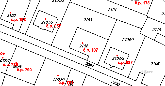 Jemnice 187 na parcele st. 2102 v KÚ Jemnice, Katastrální mapa