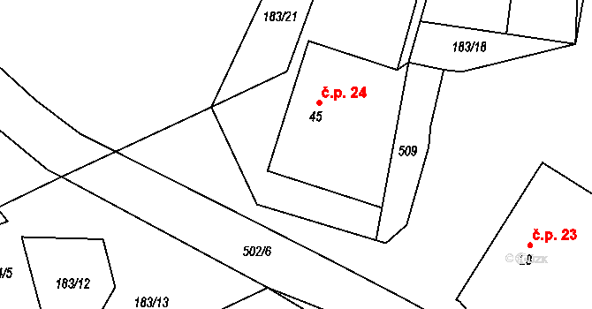 Damíč 24, Soběšice na parcele st. 45 v KÚ Damíč, Katastrální mapa