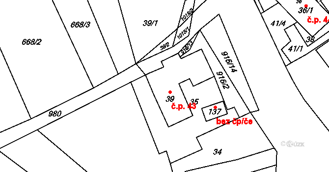 Lhota 43, Lísek na parcele st. 39 v KÚ Lhota u Lísku, Katastrální mapa