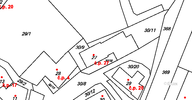Čtyři Dvory 27, Prosetín na parcele st. 27 v KÚ Čtyři Dvory, Katastrální mapa
