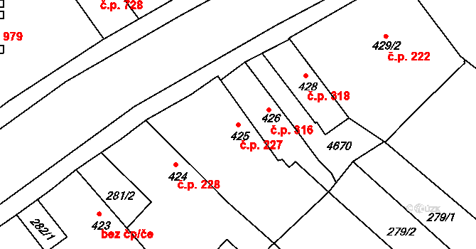 Valašské Klobouky 227 na parcele st. 425 v KÚ Valašské Klobouky, Katastrální mapa