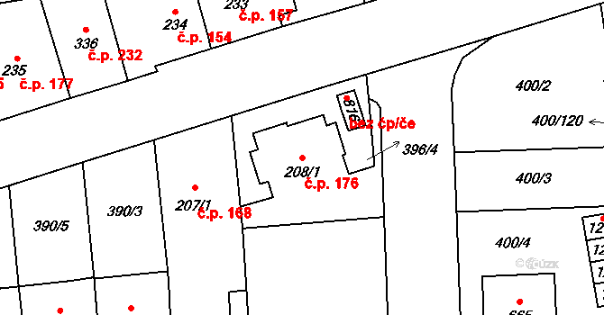 Prštné 176, Zlín na parcele st. 208/1 v KÚ Prštné, Katastrální mapa