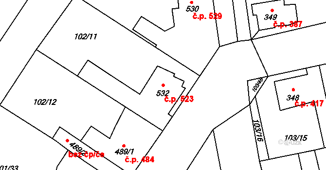 Rudná 523 na parcele st. 532 v KÚ Dušníky u Rudné, Katastrální mapa
