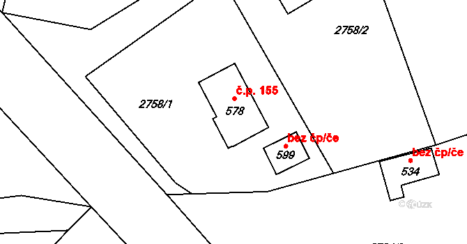 Kunratice u Cvikova 155 na parcele st. 578 v KÚ Kunratice u Cvikova, Katastrální mapa