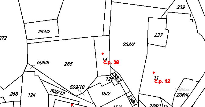 Pivonín 38, Zábřeh na parcele st. 14 v KÚ Pivonín, Katastrální mapa