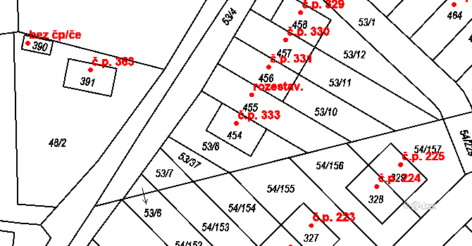 Postřižín 333 na parcele st. 454 v KÚ Postřižín, Katastrální mapa
