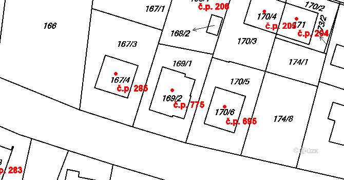 Horní Měcholupy 775, Praha na parcele st. 169/2 v KÚ Horní Měcholupy, Katastrální mapa