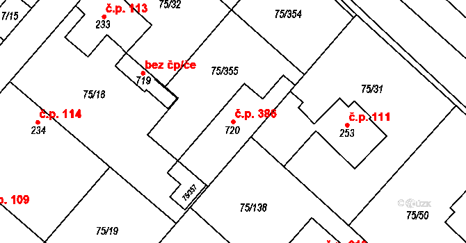 Obříství 386 na parcele st. 720 v KÚ Obříství, Katastrální mapa