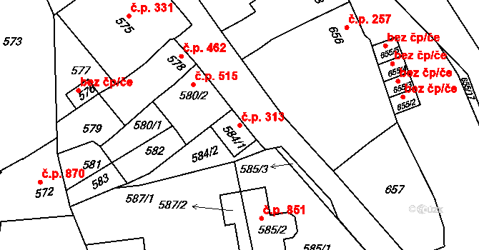 Klobouky u Brna 313 na parcele st. 584/1 v KÚ Klobouky u Brna, Katastrální mapa