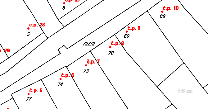 Dřevnovice 8 na parcele st. 70 v KÚ Dřevnovice, Katastrální mapa