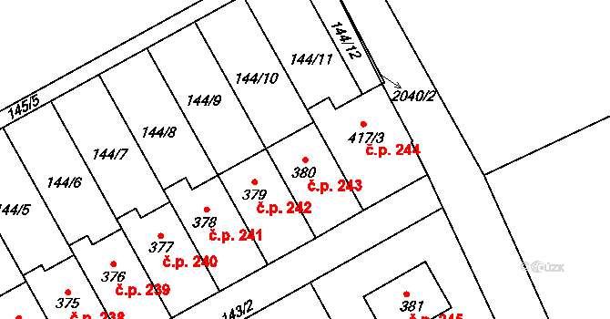 Hrubčice 243 na parcele st. 380 v KÚ Hrubčice, Katastrální mapa