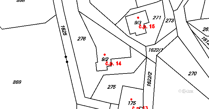Zlatá Olešnice 14 na parcele st. 9/2 v KÚ Zlatá Olešnice Semilská, Katastrální mapa