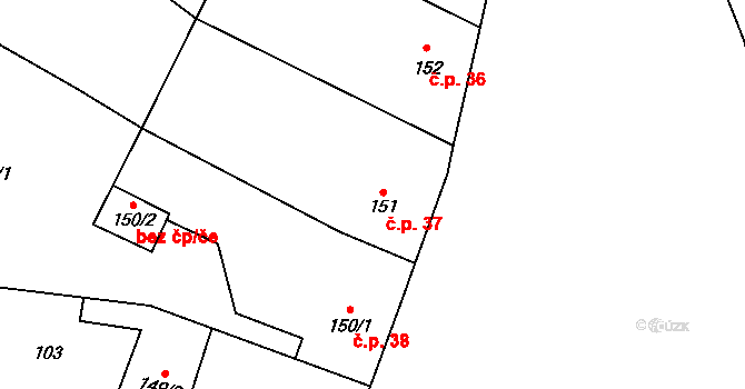 Rožďalovice 37 na parcele st. 151 v KÚ Rožďalovice, Katastrální mapa