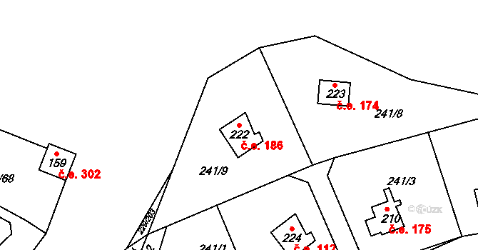 Hostěradice 186, Kamenný Přívoz na parcele st. 222 v KÚ Hostěradice, Katastrální mapa