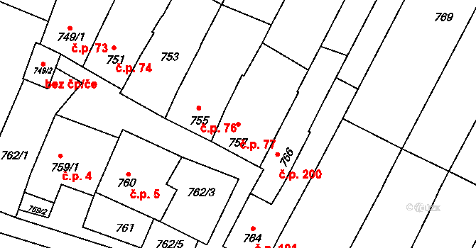 Těšany 77 na parcele st. 757 v KÚ Těšany, Katastrální mapa