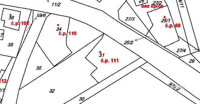 Chaloupky 111 na parcele st. 31 v KÚ Chaloupky, Katastrální mapa