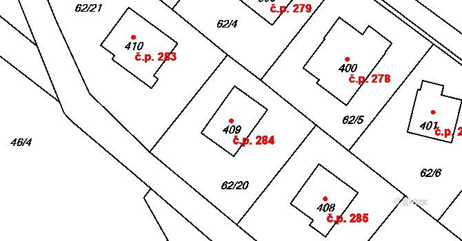 Chuchelna 284 na parcele st. 409 v KÚ Chuchelna, Katastrální mapa