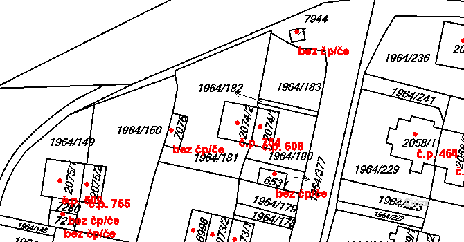 Borovina 754, Třebíč na parcele st. 2074/2 v KÚ Třebíč, Katastrální mapa