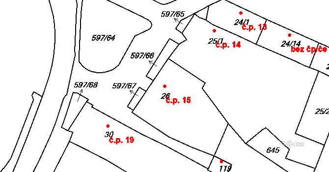 Hrušovany 15 na parcele st. 26 v KÚ Hrušovany u Chomutova, Katastrální mapa