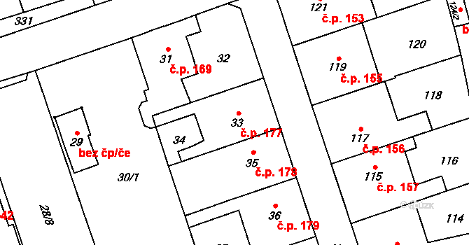 Radotín 177, Praha na parcele st. 33 v KÚ Radotín, Katastrální mapa