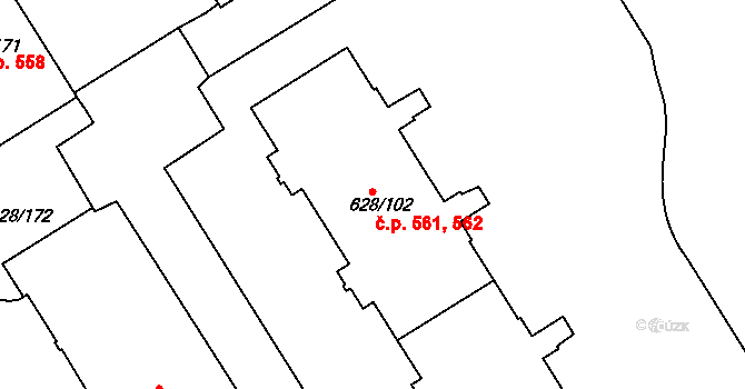 Prosek 561,562, Praha na parcele st. 628/102 v KÚ Prosek, Katastrální mapa
