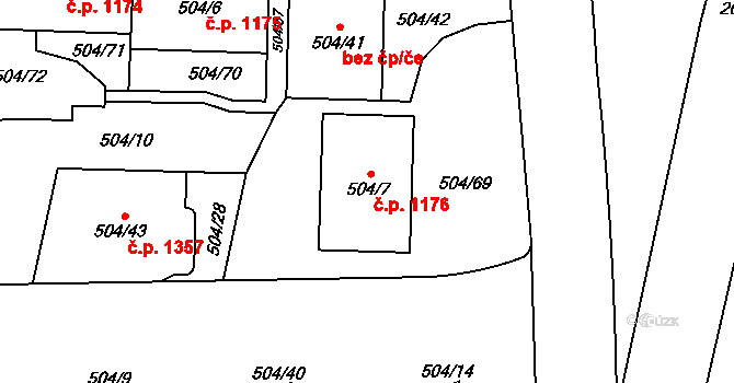 Hostivař 1176, Praha na parcele st. 504/7 v KÚ Hostivař, Katastrální mapa