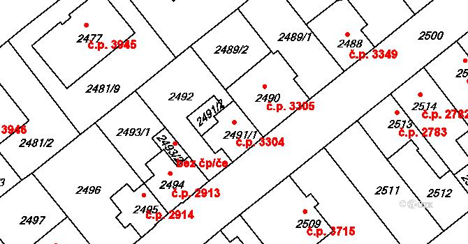 Chomutov 3304 na parcele st. 2491/1 v KÚ Chomutov II, Katastrální mapa