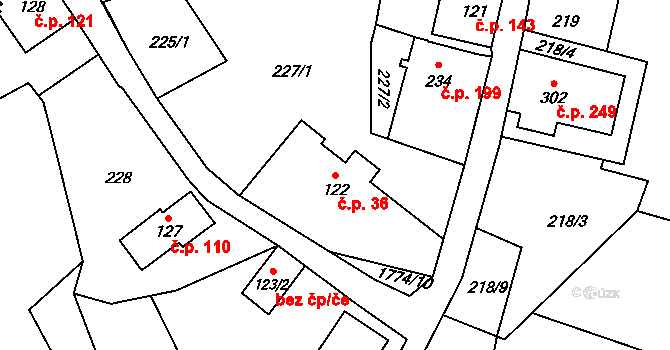 Dětřichov 36 na parcele st. 122 v KÚ Dětřichov u Frýdlantu, Katastrální mapa