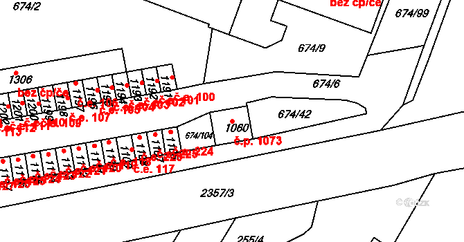 Rosice 1073 na parcele st. 1060 v KÚ Rosice u Brna, Katastrální mapa