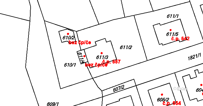 Černice 557, Plzeň na parcele st. 611/3 v KÚ Bručná, Katastrální mapa