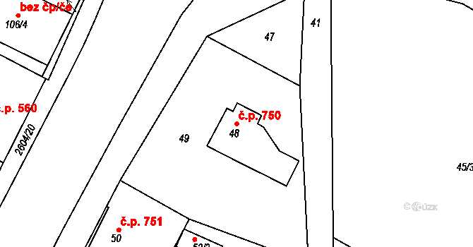 Prostřední Suchá 750, Havířov na parcele st. 48 v KÚ Prostřední Suchá, Katastrální mapa