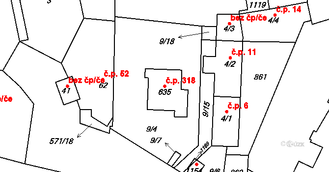 Zvole 318 na parcele st. 635 v KÚ Zvole u Prahy, Katastrální mapa