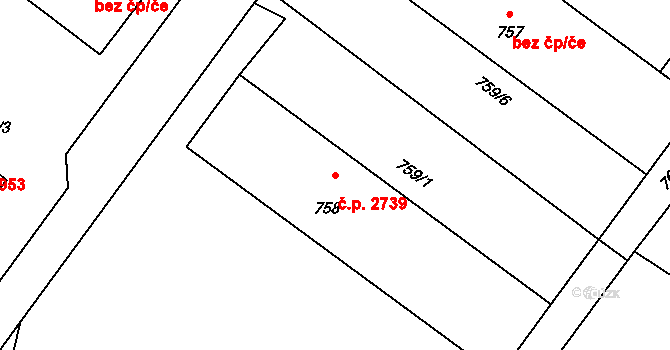 Rožnov pod Radhoštěm 2739 na parcele st. 758 v KÚ Tylovice, Katastrální mapa