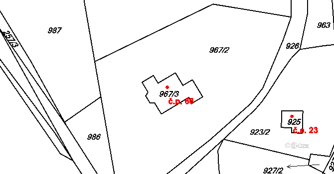 Neřežín 66, Chaloupky na parcele st. 967/3 v KÚ Chaloupky, Katastrální mapa