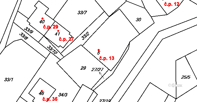 Simtany 13, Pohled na parcele st. 5 v KÚ Simtany, Katastrální mapa
