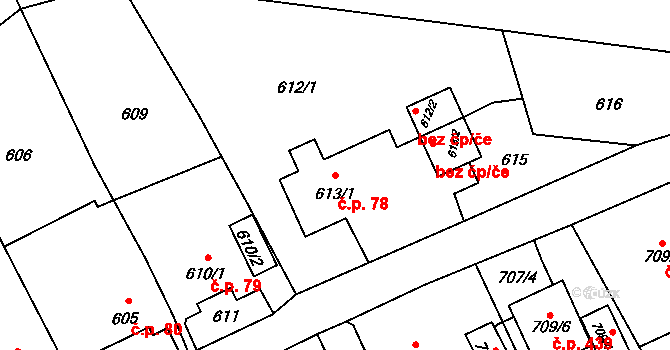 Hošťálkovice 78, Ostrava na parcele st. 613/1 v KÚ Hošťálkovice, Katastrální mapa