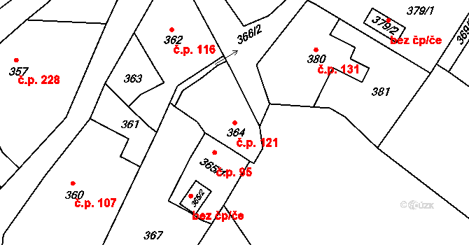 Štípa 121, Zlín na parcele st. 364 v KÚ Štípa, Katastrální mapa