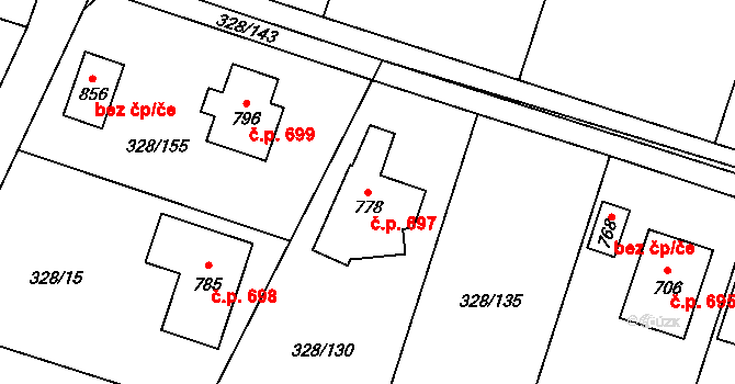 Struhařov 697, Kamenice na parcele st. 778 v KÚ Štiřín, Katastrální mapa