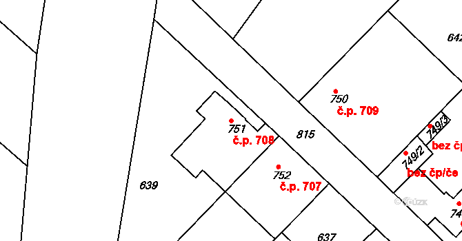 Neratovice 708 na parcele st. 751 v KÚ Neratovice, Katastrální mapa