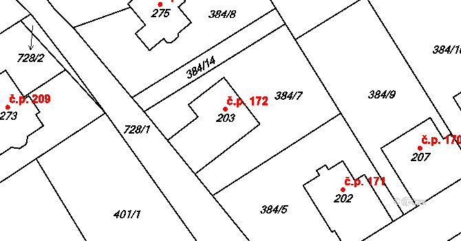 Molenburk 172, Vysočany na parcele st. 203 v KÚ Molenburk, Katastrální mapa