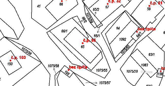 Postřelmůvek 55 na parcele st. 65 v KÚ Postřelmůvek, Katastrální mapa