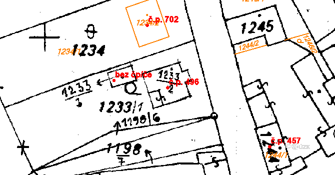 Rybníček 496, Újezd na parcele st. 1233/2 v KÚ Újezd u Uničova, Katastrální mapa
