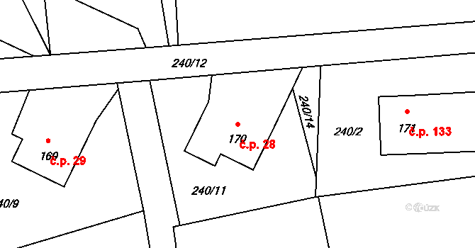 Blatno 28 na parcele st. 170 v KÚ Blatno u Podbořan, Katastrální mapa