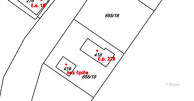 Háj 228, Loučná pod Klínovcem na parcele st. 418 v KÚ Háj u Loučné pod Klínovcem, Katastrální mapa