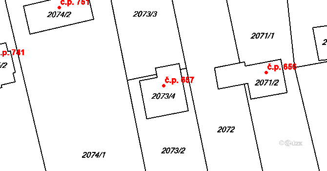 Konice 657 na parcele st. 2073/4 v KÚ Konice, Katastrální mapa