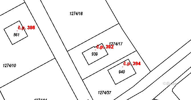 Dobřív 392 na parcele st. 939 v KÚ Dobřív, Katastrální mapa