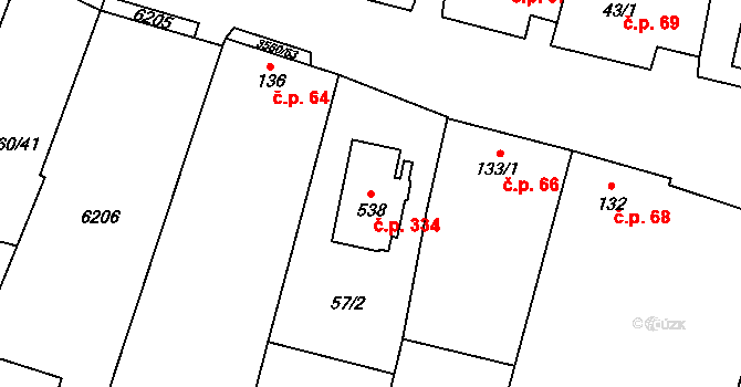 Hrabětice 334 na parcele st. 538 v KÚ Hrabětice, Katastrální mapa
